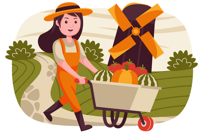 Mujer caminando con carrito de frutas  Ilustración