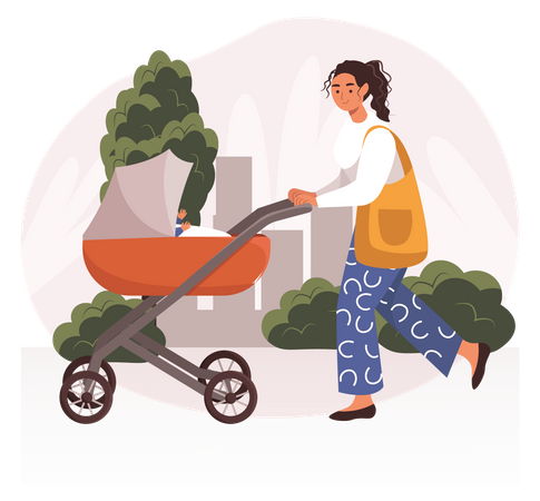 Mujer caminando con cochecito de bebé  Ilustración
