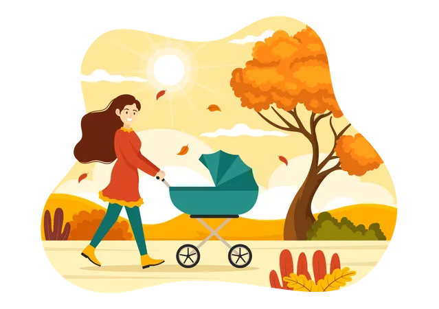 Mujer caminando con cochecito de bebé en el parque de otoño  Ilustración