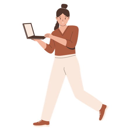 Mujer caminando con una computadora portátil  Ilustración