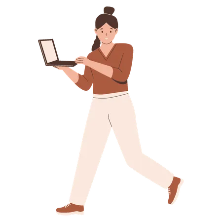 Mujer caminando con una computadora portátil  Ilustración