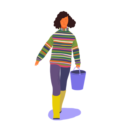 Mujer caminando con un balde en la mano  Ilustración