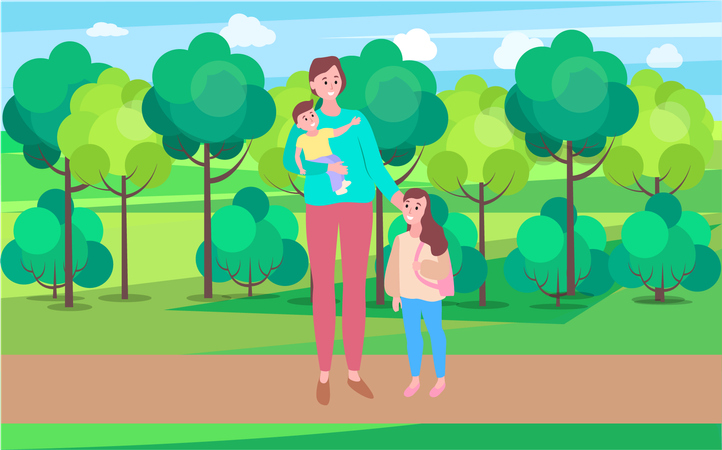 Mujer caminando con su hija llevando un bebé en el parque  Ilustración