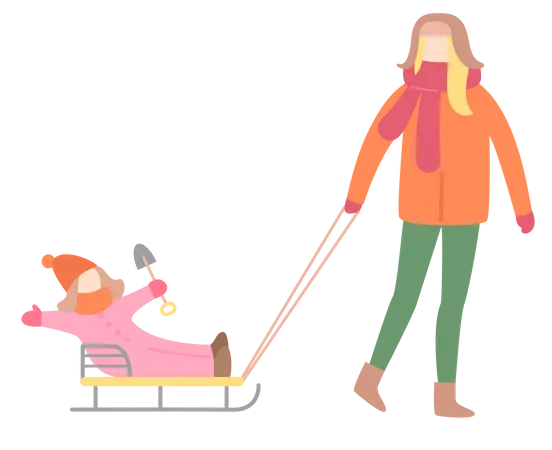 Mujer caminando con niña en trineo  Ilustración