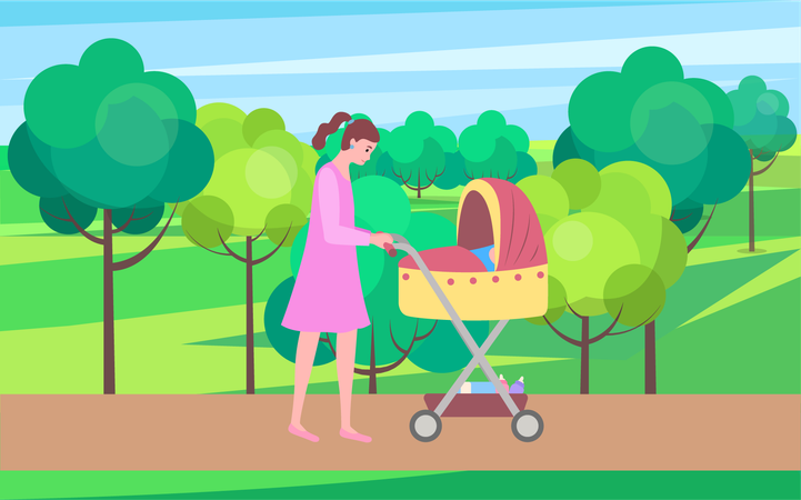 Mujer caminando con un niño durmiendo en un cochecito  Ilustración