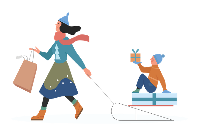 Mujer caminando con regalos de navidad  Ilustración