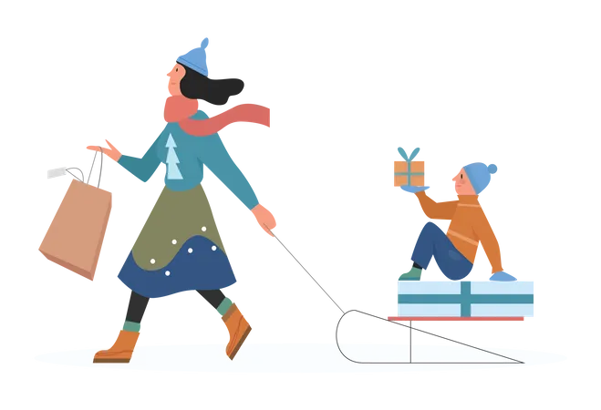 Mujer caminando con regalos de navidad  Ilustración