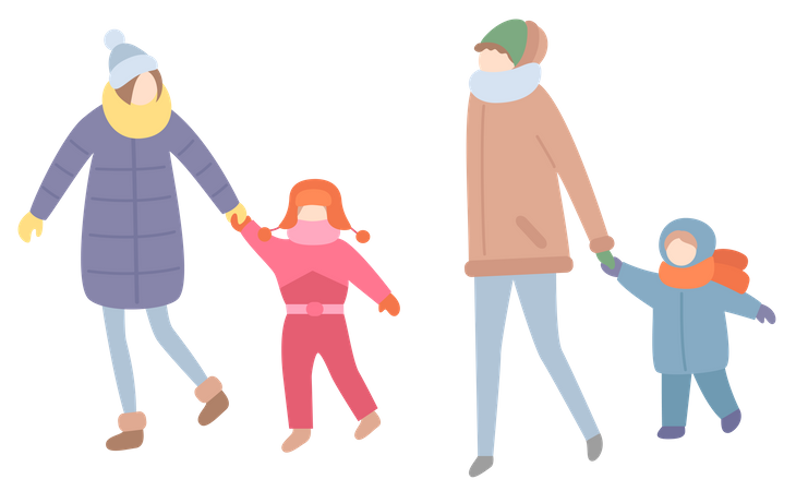 Mujer caminando con sus hijos.  Ilustración