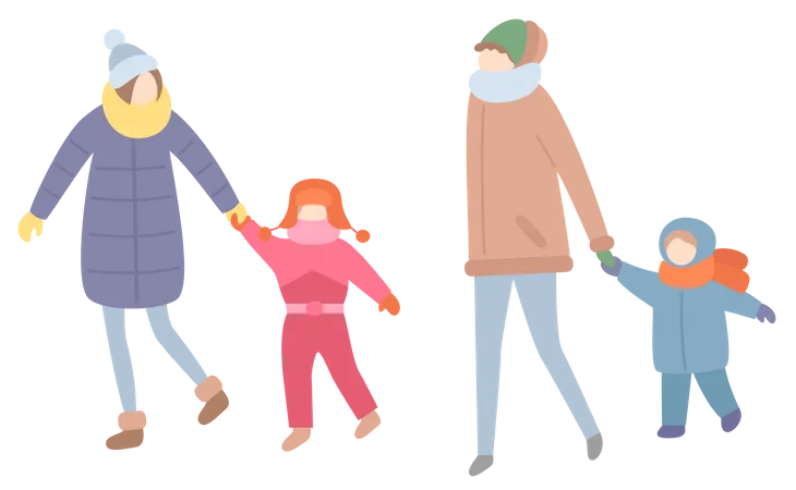 Mujer caminando con sus hijos.  Ilustración
