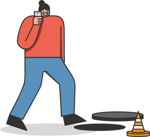 Mujer caminando en una alcantarilla abierta mientras habla por teléfono móvil  Ilustración