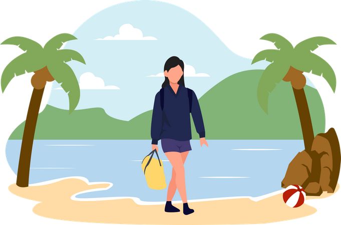 Mujer caminando en la playa  Ilustración