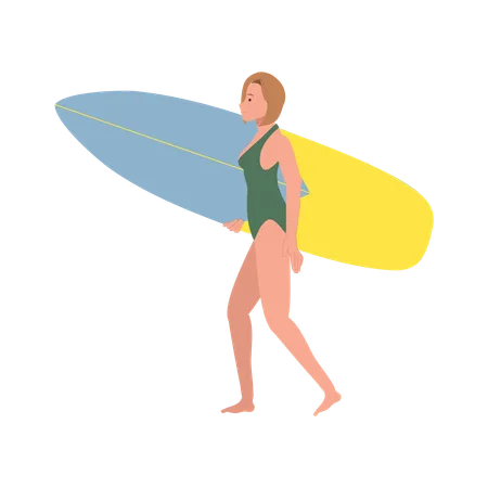 Mujer caminando hacia el mar con tablas de surf en la playa  Ilustración