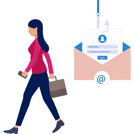 Mujer caminando mientras hace phishing  Ilustración