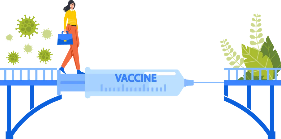 Mujer camina sobre un puente con solución de vacuna Covid  Ilustración