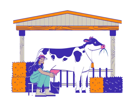 Mujer campesina ordeñando una vaca  Ilustración