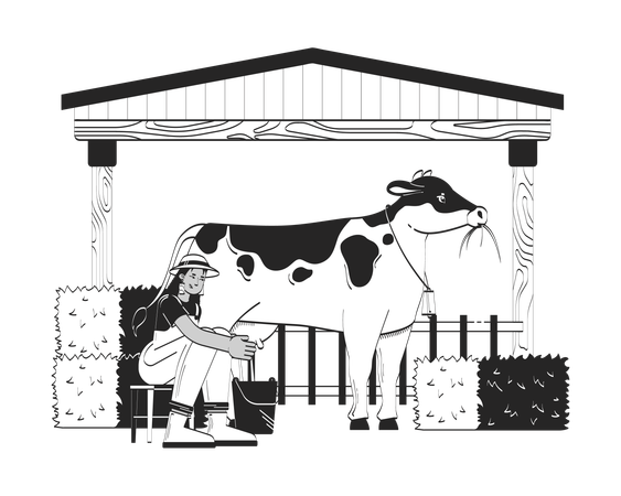 Mujer campesina ordeñando una vaca  Ilustración