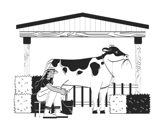 Mujer campesina ordeñando una vaca  Ilustración