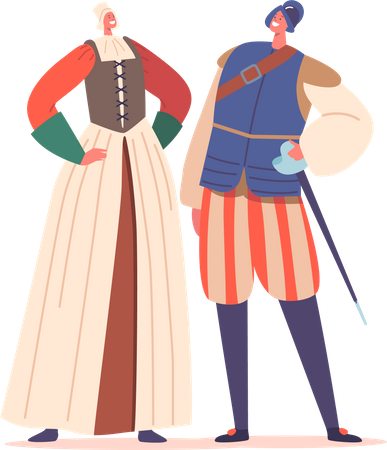 Mujer campesina y hombre soldado visten trajes de la época del Renacimiento  Ilustración
