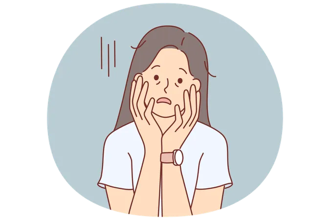 Mujer cansada con apariencia agotada se toca la cara con las manos y sufre de falta de motivación.  Ilustración