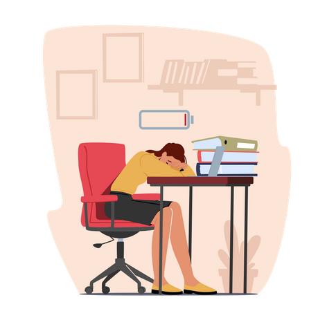 Mujer cansada de la alta carga de trabajo  Ilustración
