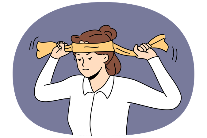 Mujer cansada que se pone una diadema para completar una tarea y demostrar su disposición a lidiar con problemas empresariales.  Ilustración