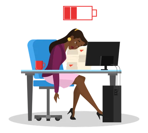 Mujer cansada sentada en la oficina en la mesa  Ilustración