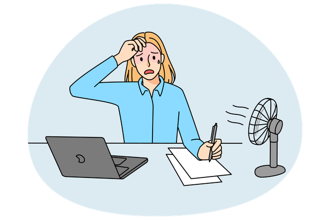 Mujer cansada trabaja bajo ventilador en la oficina  Ilustración