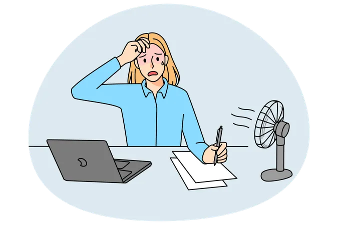 Mujer cansada trabaja bajo ventilador en la oficina  Ilustración