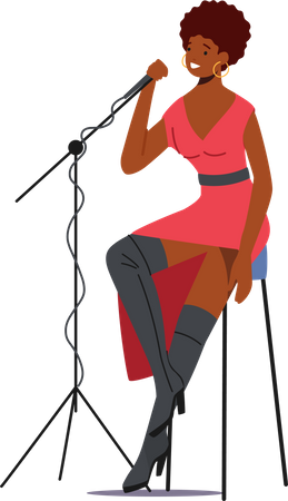 Mujer cantando una canción en el escenario con micrófono  Ilustración