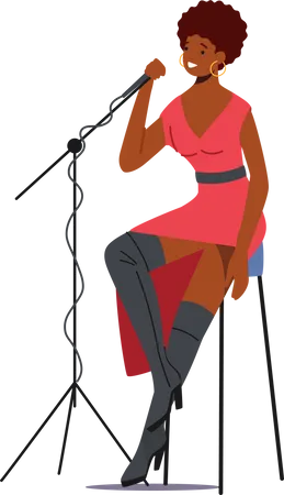 Mujer Africana Sentada En El Escenario Con Microfono Cantando Una Cancion En Una Banda De Jazz O Interpretacion Musical Personaje Femenino Vocalista Entretenido Concepto De Recreacion De Cantante Ilustracion De Vector De Personas De Dibujos Animados Ilustración