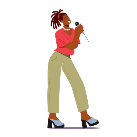 Cancion De Canto De Super Estrella Mujer Africana En El Escenario Interpretando Composicion En Karaoke Bar Personajes Femeninos Artistas Cantando En Eventos Musicales O Conciertos Fiestas Corporativas Ilustracion De Vector De Personas De Dibujos Animados Ilustración
