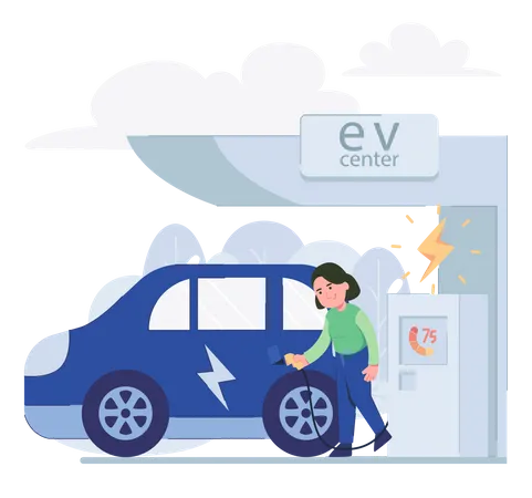 Una mujer carga un coche eléctrico en una central eléctrica  Ilustración