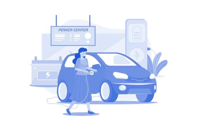 Mujer carga un coche eléctrico en el centro de energía  Ilustración