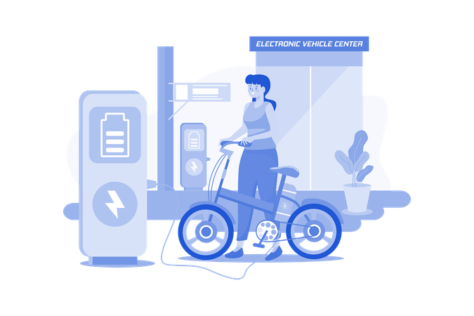 Mujer carga la bicicleta eléctrica en el centro de vehículos electrónicos  Ilustración