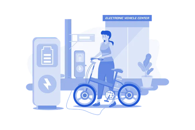 Mujer carga la bicicleta eléctrica en el centro de vehículos electrónicos  Ilustración