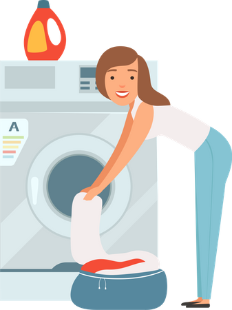 Mujer cargando lavadora para limpiar ropa  Ilustración