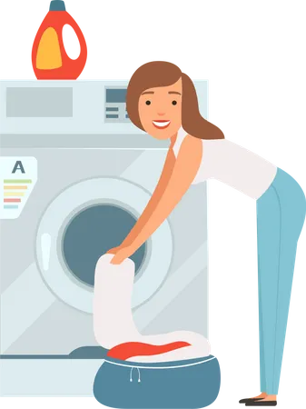 Mujer cargando lavadora para limpiar ropa  Ilustración