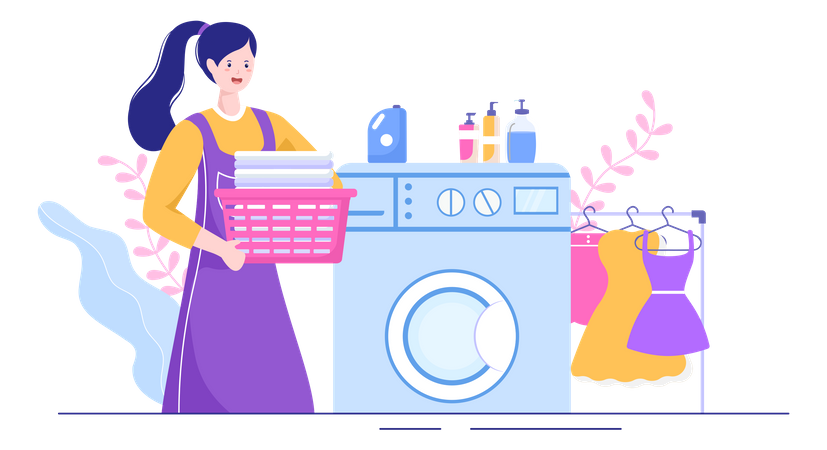 Mujer cargando ropa para limpiar.  Ilustración