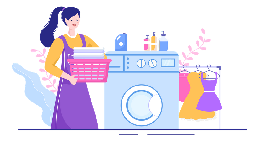 Mujer cargando ropa para limpiar.  Ilustración