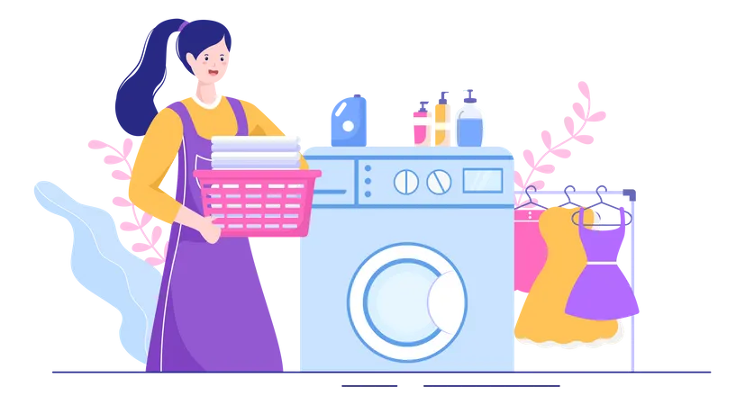 Mujer cargando ropa para limpiar.  Ilustración