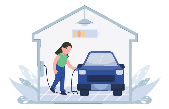 Mujer cargando un coche eléctrico en casa  Ilustración