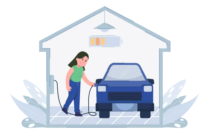 Mujer cargando un coche eléctrico en casa  Ilustración