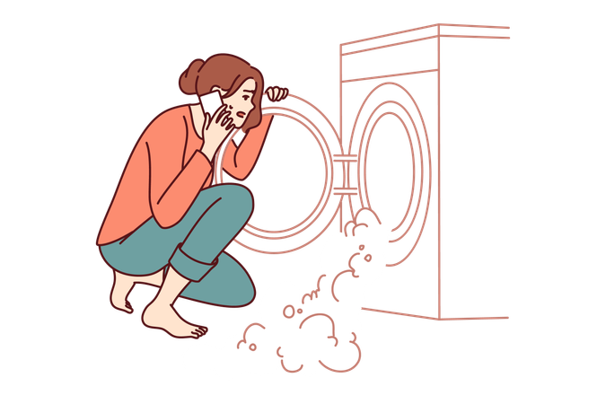 Mujer cerca de lavadora rota llama a reparador  Ilustración