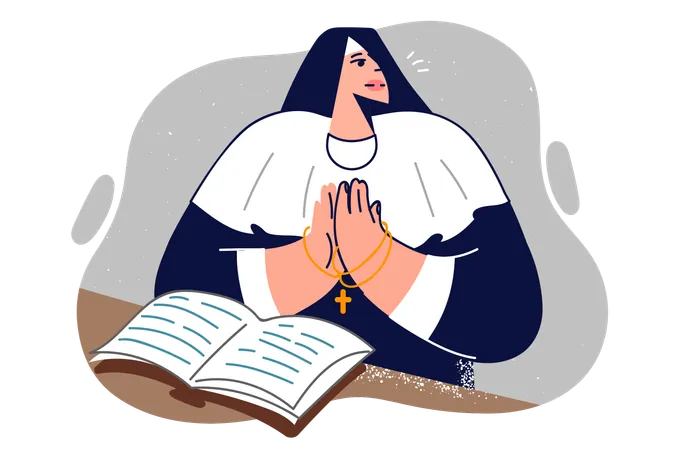 Mujer católica rezando se encuentra cerca de la Biblia abierta  Ilustración