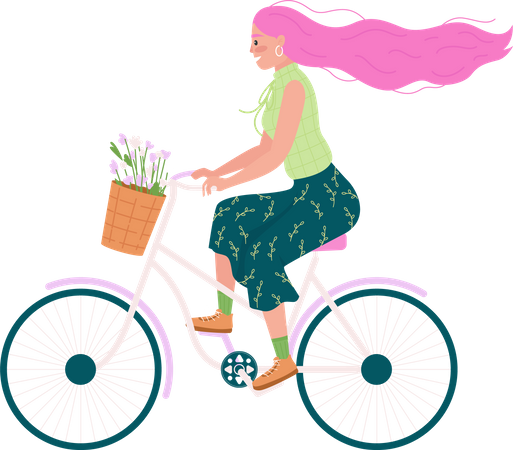 Mujer caucásica andar en bicicleta  Ilustración