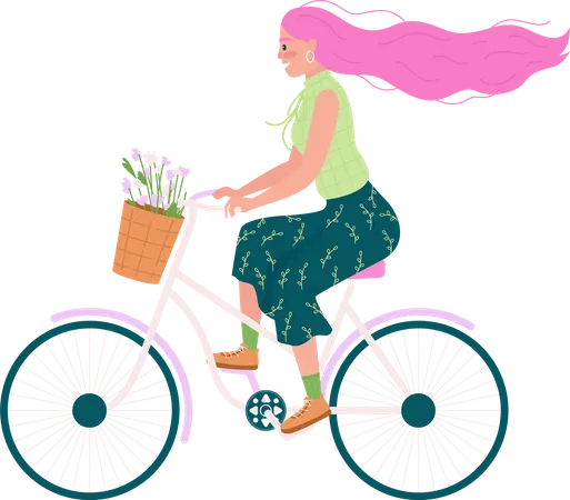 Mujer caucásica andar en bicicleta  Ilustración