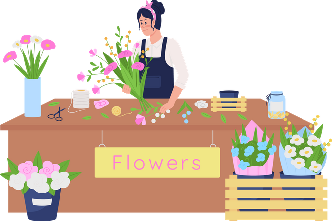 Floristería caucásica femenina haciendo arreglos florales  Ilustración