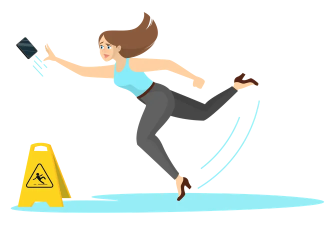 Mujer cayendo sobre suelo mojado  Ilustración