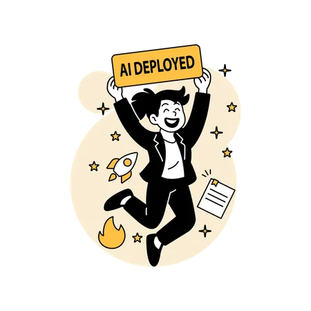 Mujer celebrando la exitosa implementación de IA  Ilustración