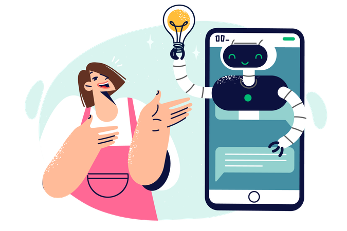 Mujer cerca del teléfono con robot en pantalla que simboliza inteligencia artificial y bot de chat móvil  Ilustración